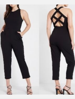EXPRESS CRISS CROSS BACK CROPPED JUMPSUIT SIZE SMALL PITCH BLACK